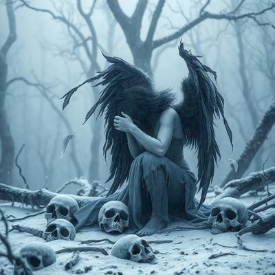 The primary subject of the image is a woman with black wings, sitting on the ground surrounded by a bunch of skulls. The setting appears to be a forest, with trees in the background. The visual style of the image is a combination of photo and digital art, creating a surreal and eerie atmosphere. The colors in the image are predominantly black and white, with the skulls being the main source of color.